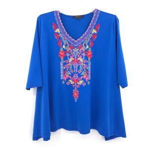 Calessa Women's Plus Size 2X V-Neck 3/4 Sleeve Embroidered Tunic blue Boho